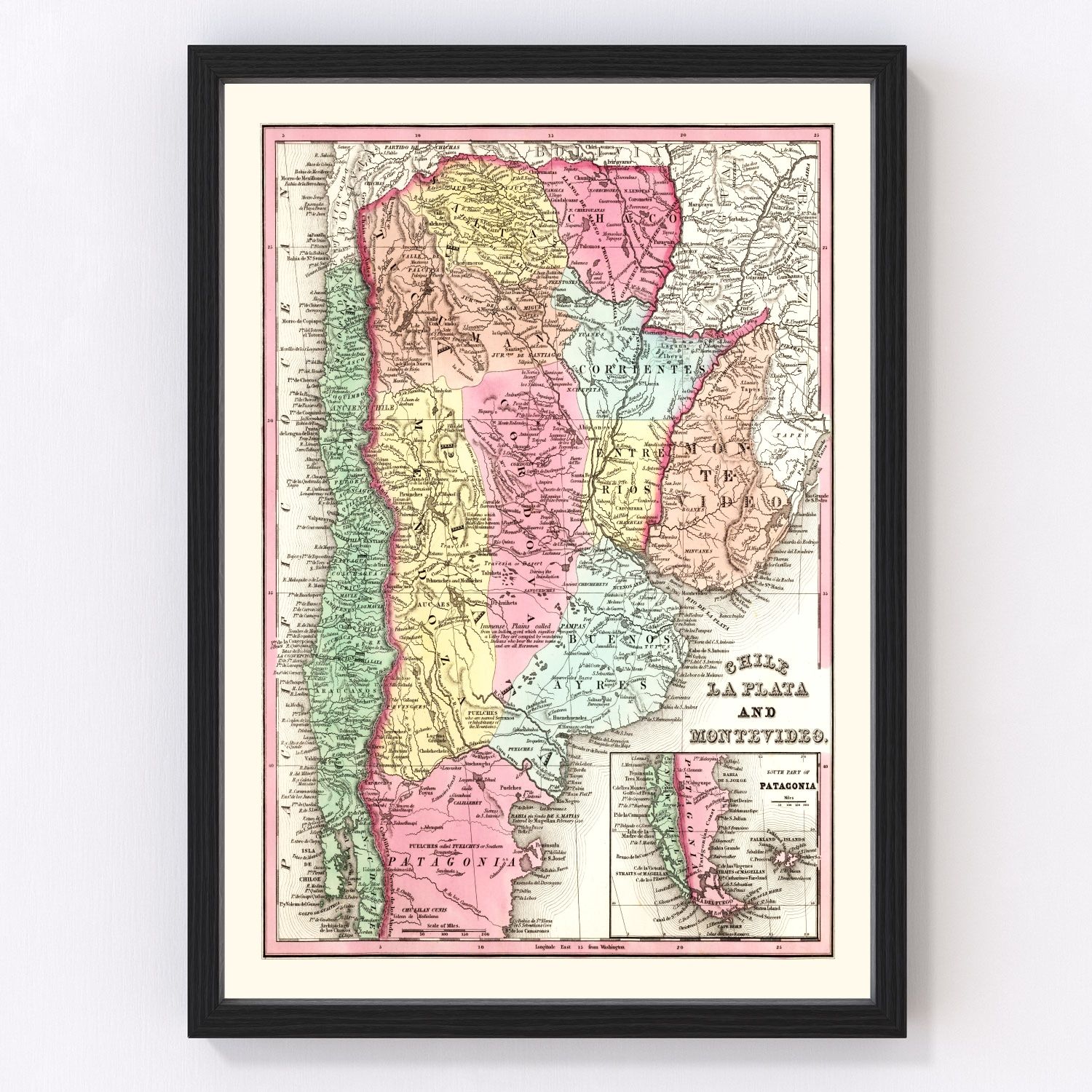 Vintage map of Chile, Argentina and Uruguay, 1842, digitally restored