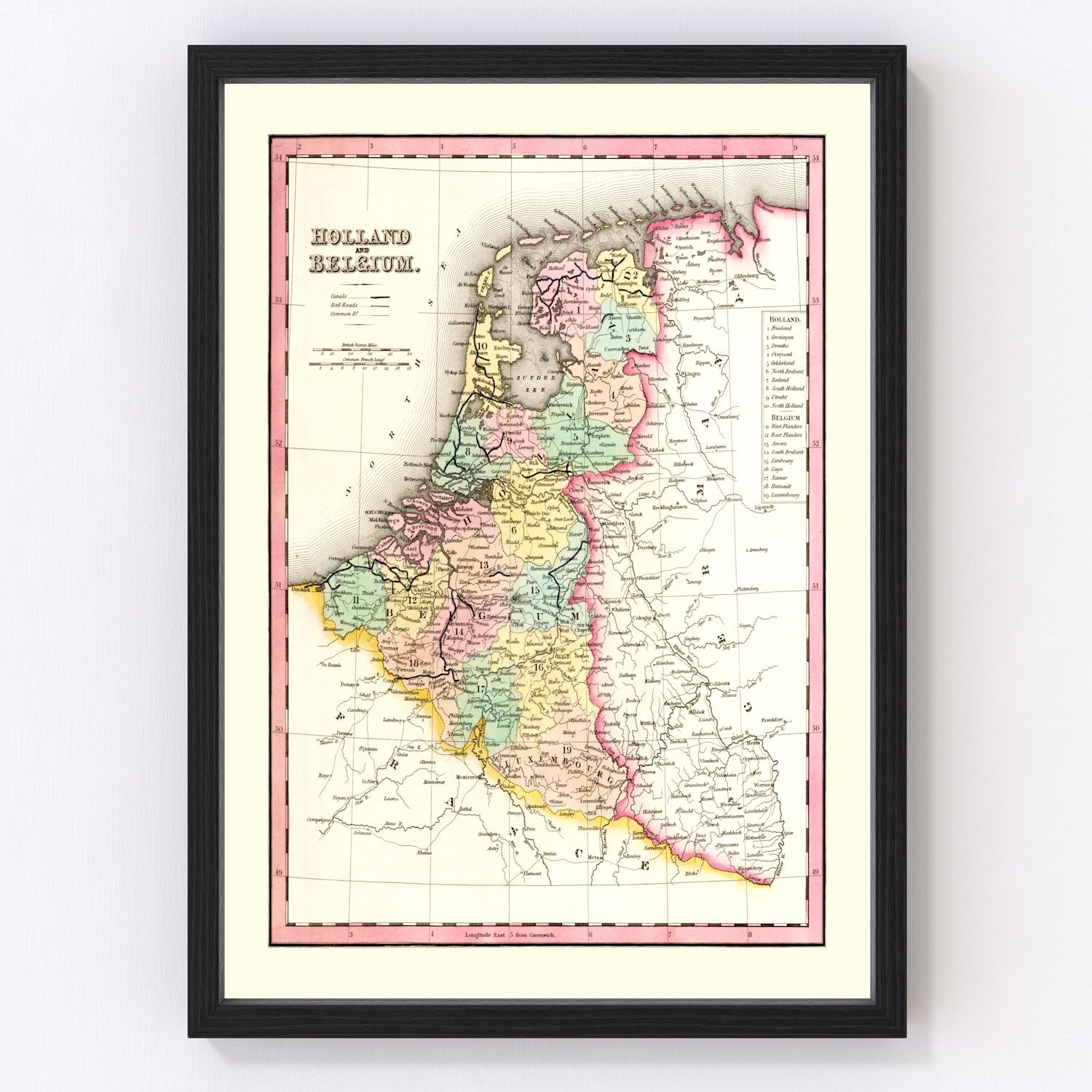 vintage map of Holland and Belgium, 1836