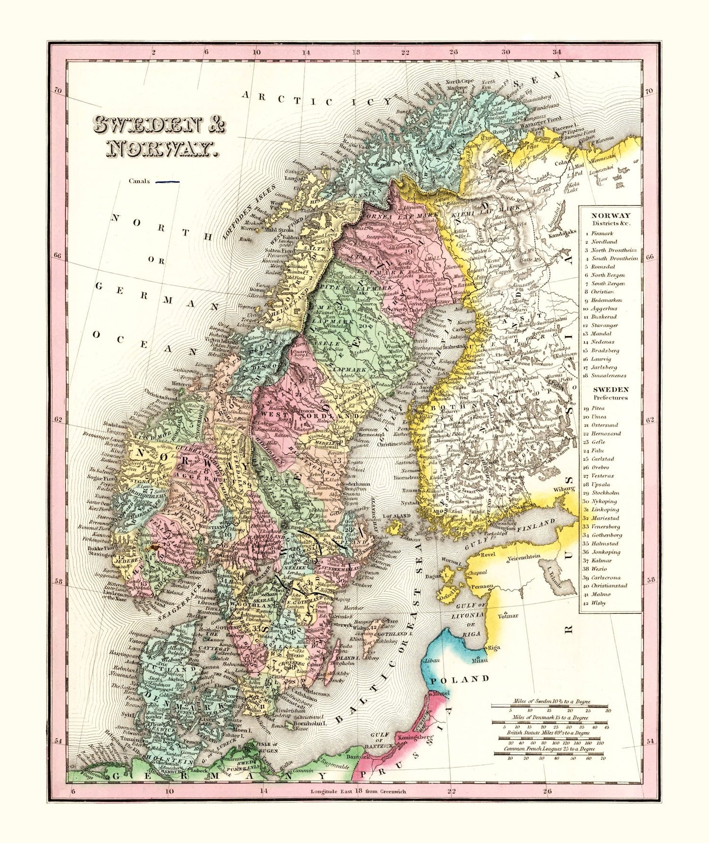 Vintage Map of Sweden and Norway, 1836
