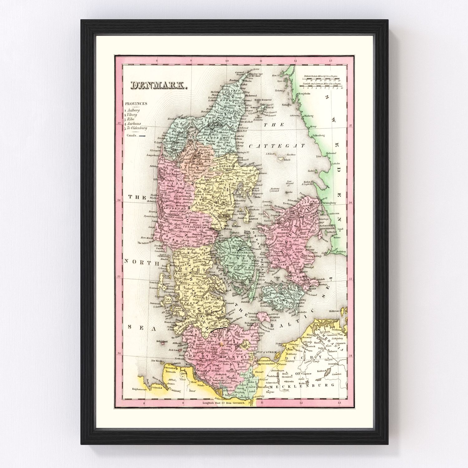 vintage map of Denmark, 1836