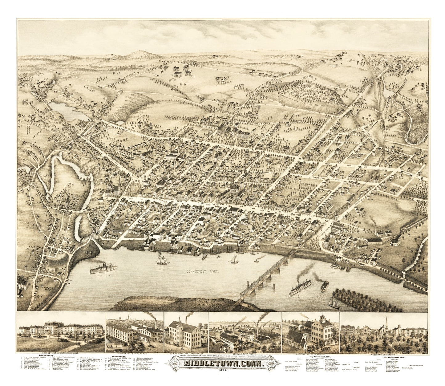 Vintage Map of Middletown, Connecticut, 1877