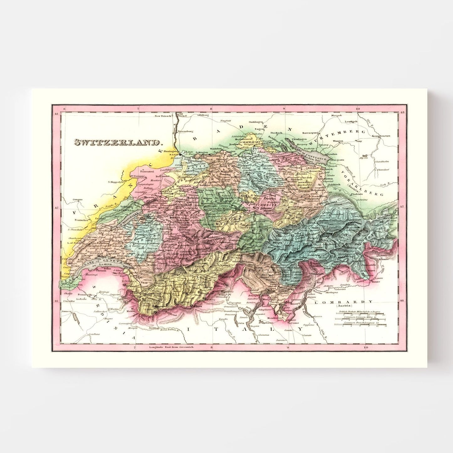 Vintage Map of Switzerland, 1836