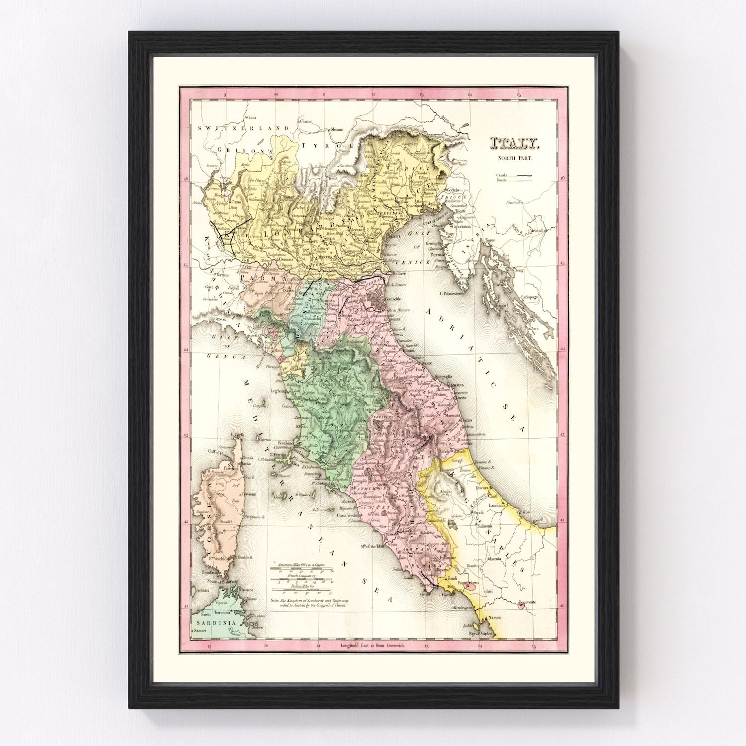 vintage map of North Italy, 1836