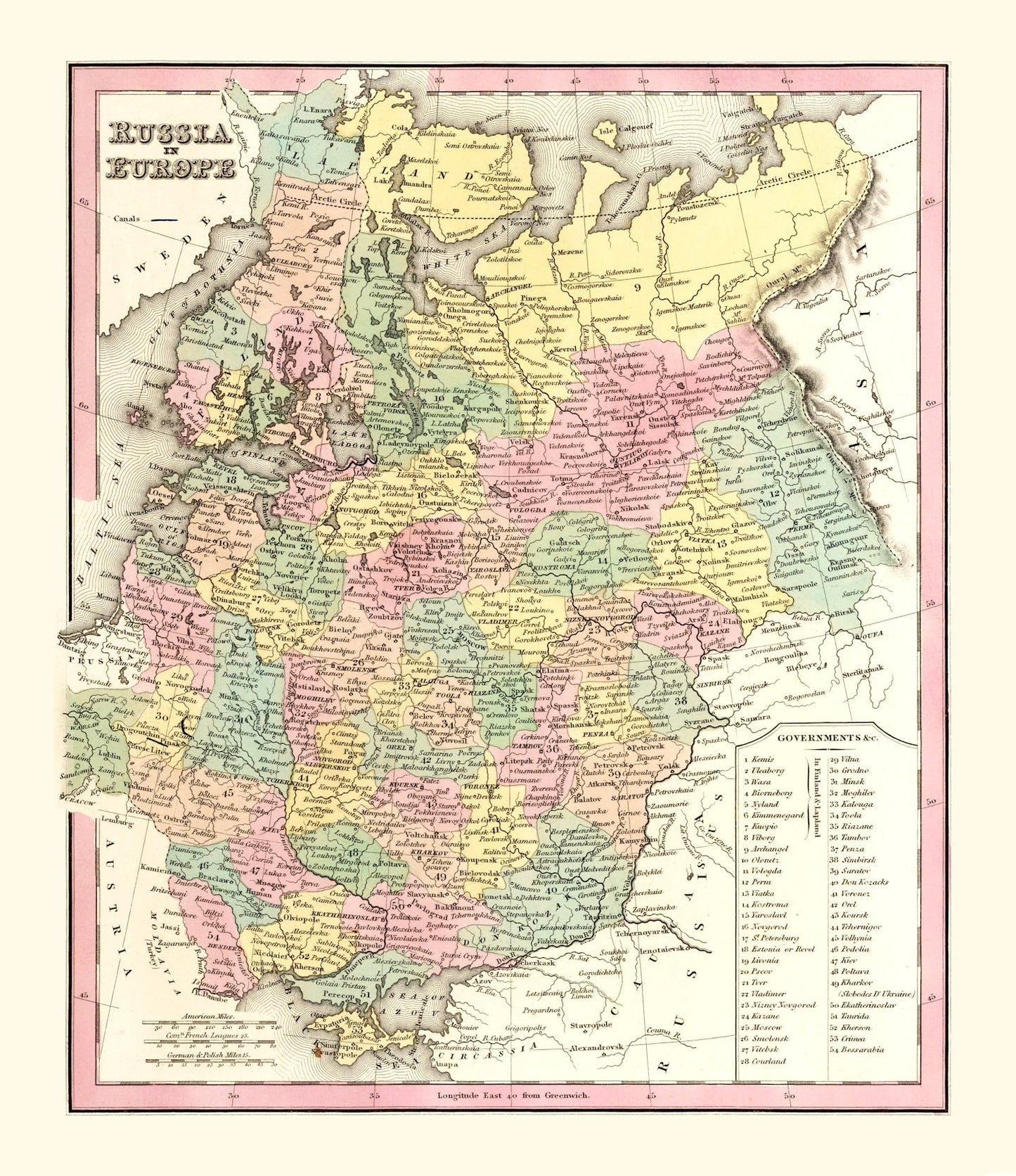 Vintage Map of Russia in Europe, 1842