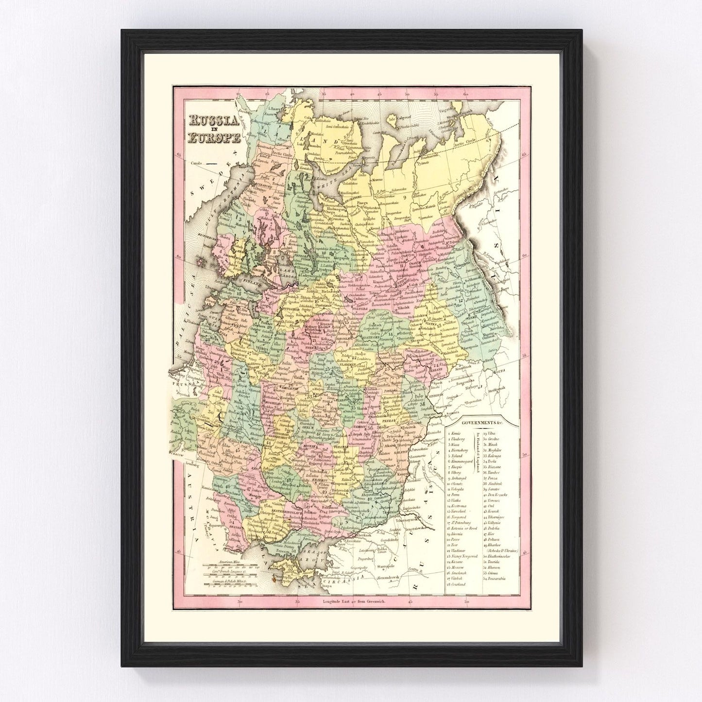 Vintage map of Russia in Europe, 1842