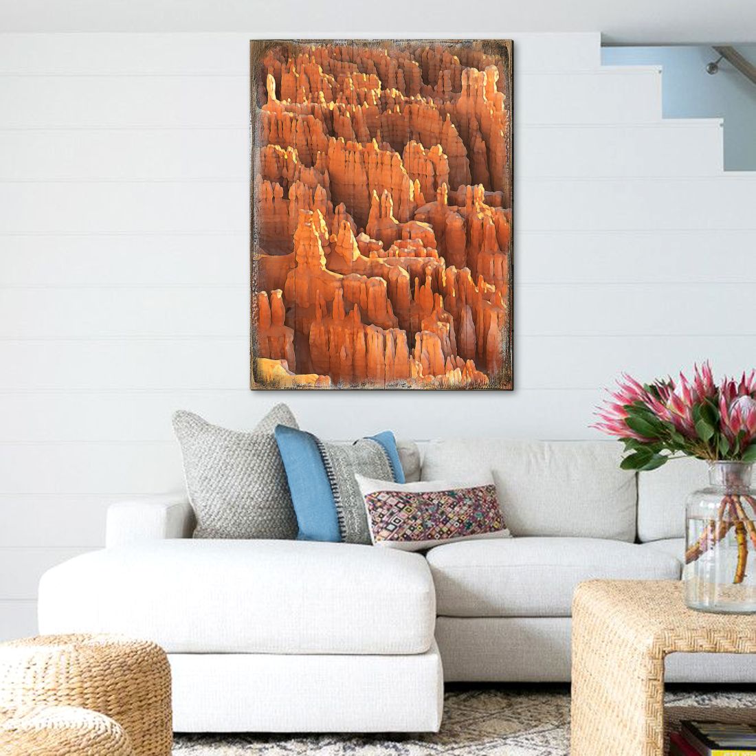 Layered birch wood rocky mountain side wall art
