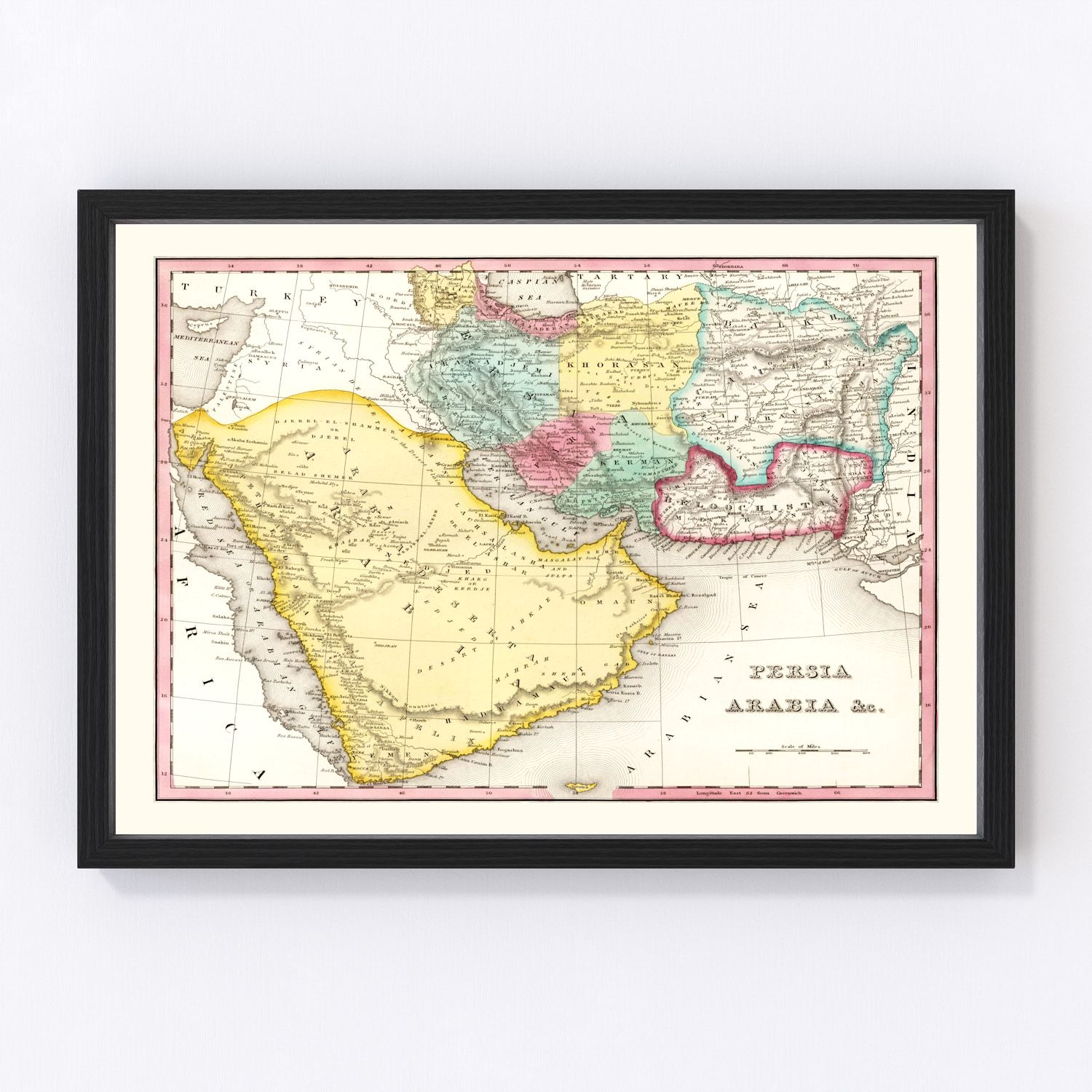 Vintage map of Persia and Arabia, 1836, historical cartography