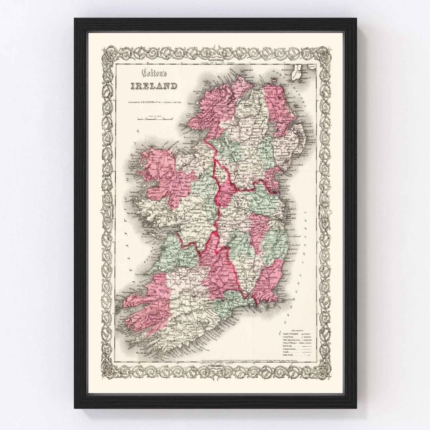Vintage map of an Irish county, 1865