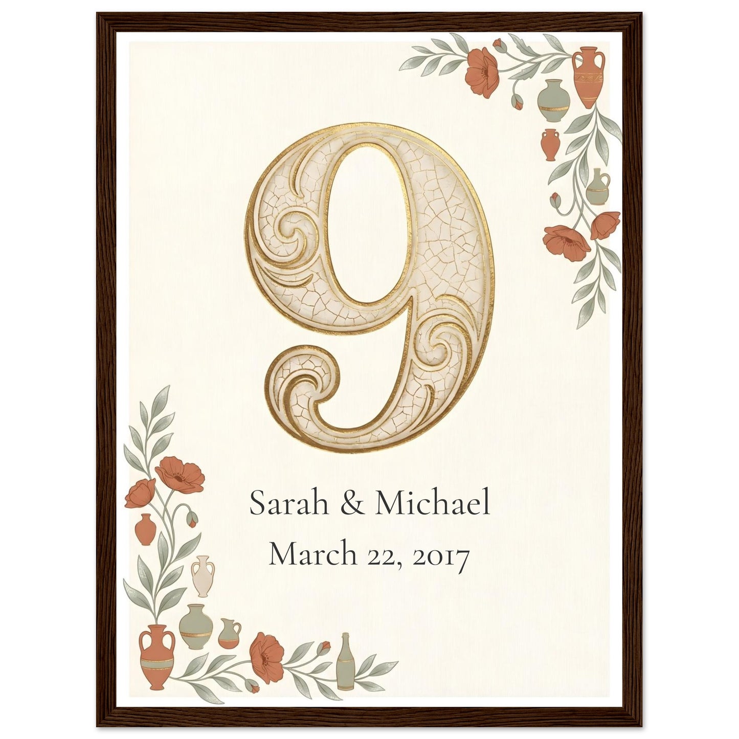 Personalized 9th Anniversary Wall Art - 30x40 cm / 12x16″ - Dark wood frame / Ready-to-hang - Sparkycare