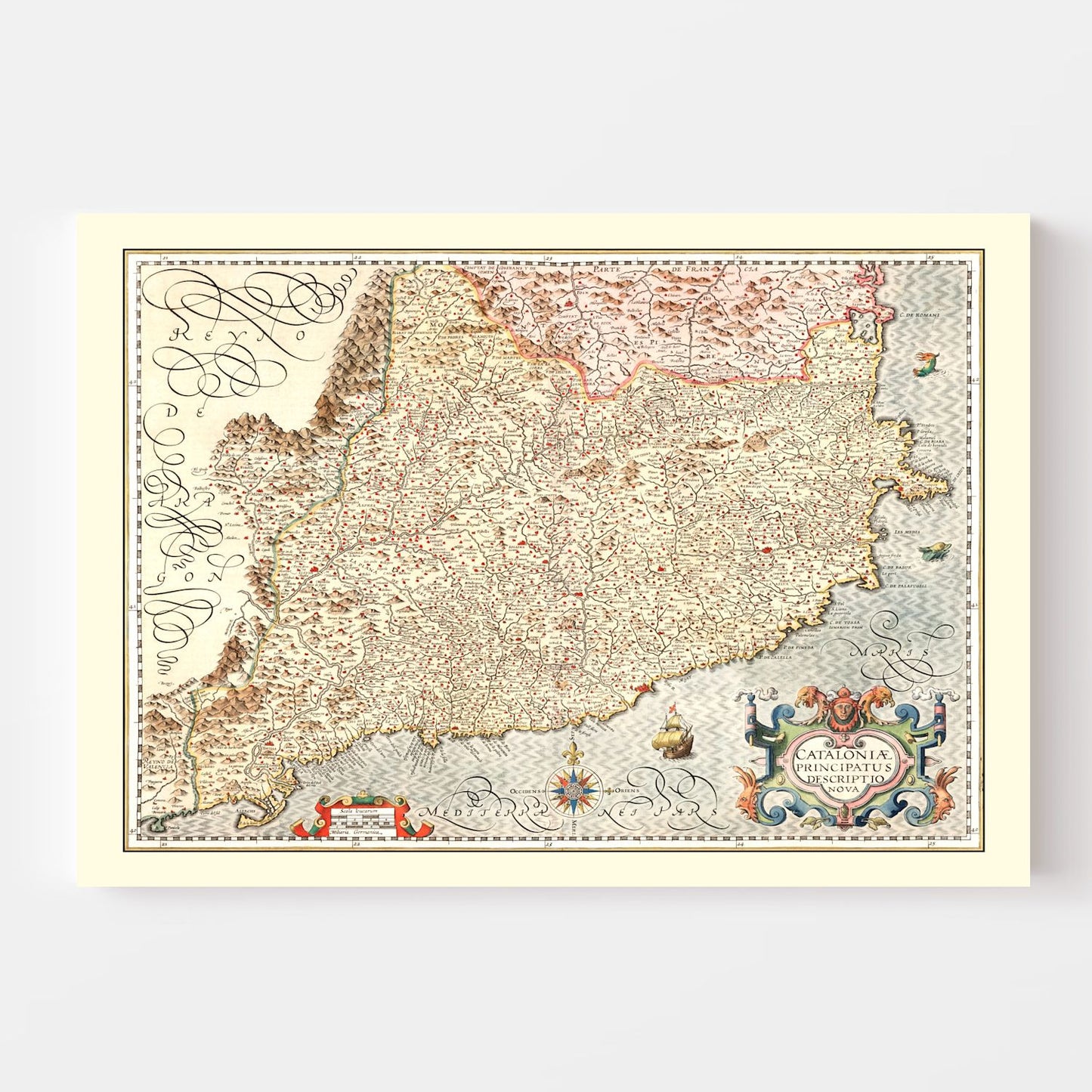 Vintage Map of Catalonia, Spain, 1623