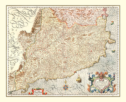 Vintage Map of Catalonia, Spain, 1623