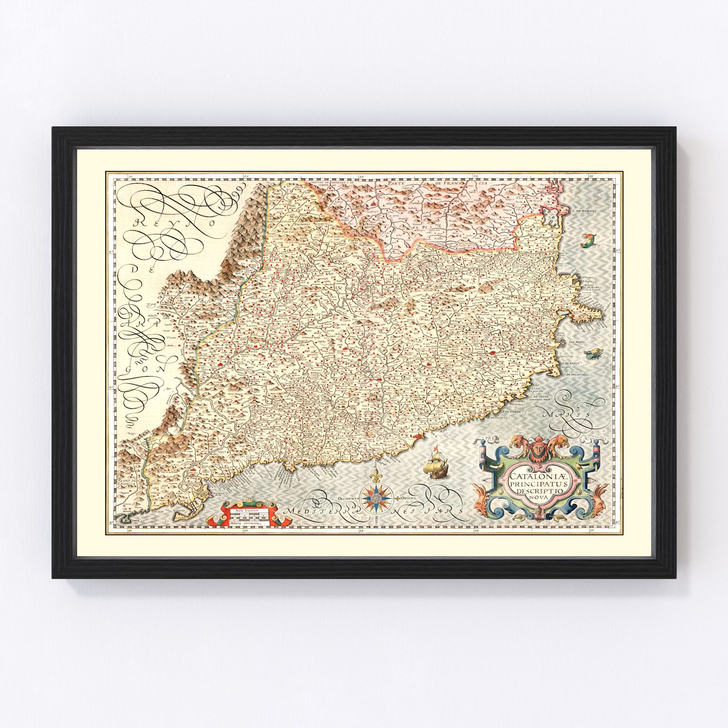 Vintage map of Catalonia, Spain, 1623, restored vintage wall art print