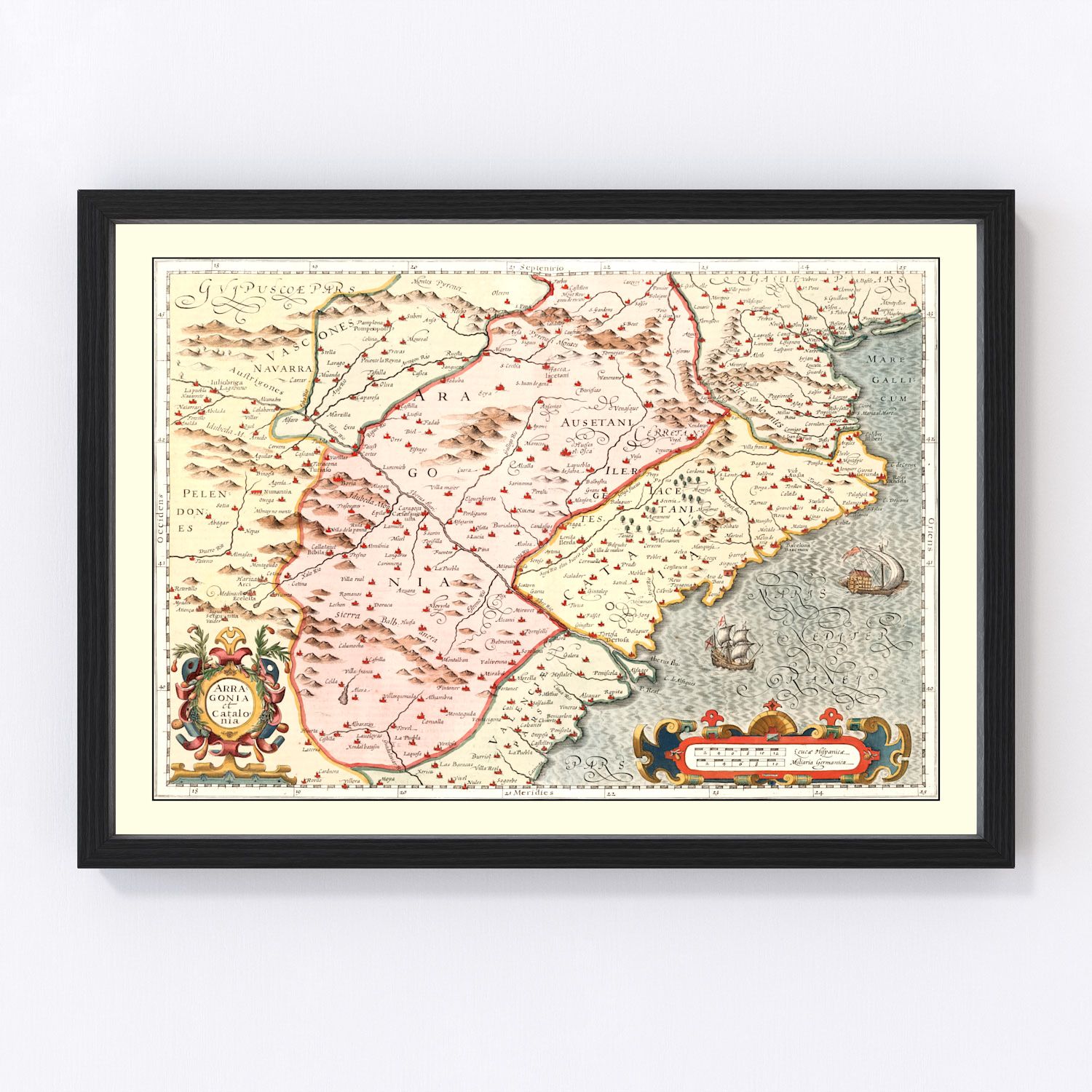 Vintage Baroque map of Aragon and Catalonia, Spain, 1623