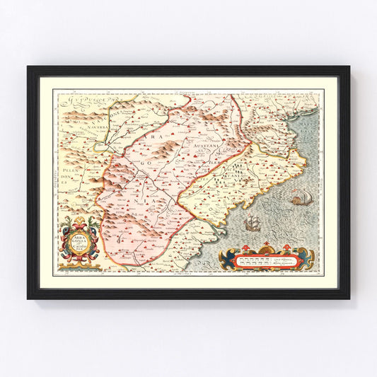 Vintage Baroque map of Aragon and Catalonia, Spain, 1623