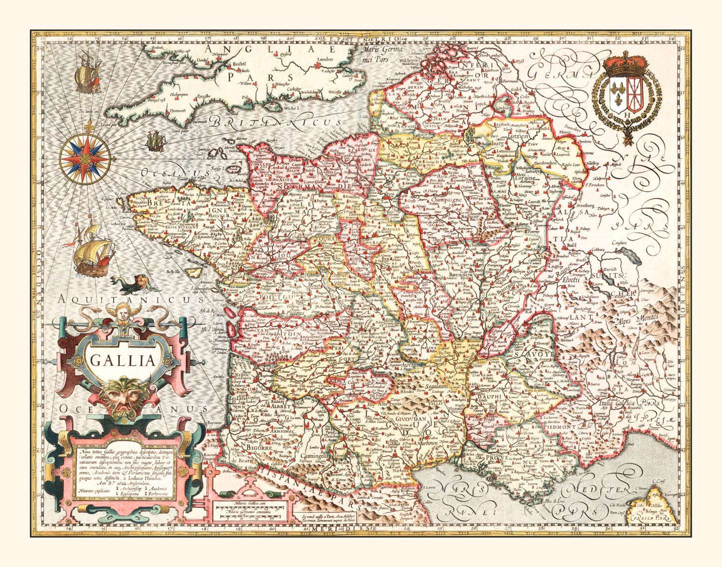 Vintage Map of Gaul, France, 1623