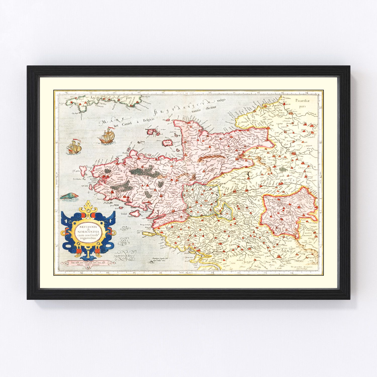 vintage map of Brittany and Normandy France 1623, restored print wall art