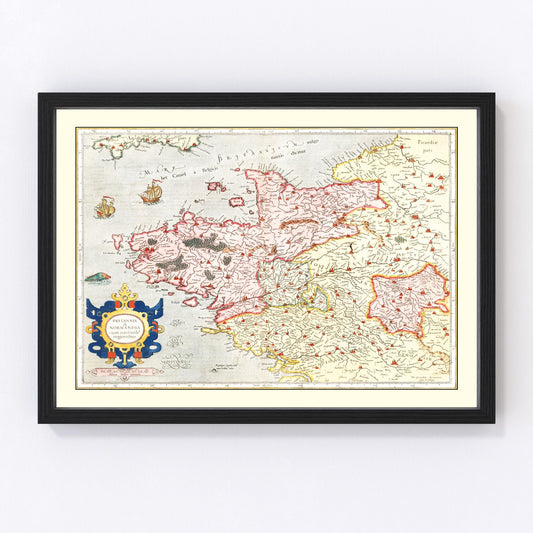 vintage map of Brittany and Normandy France 1623, restored print wall art