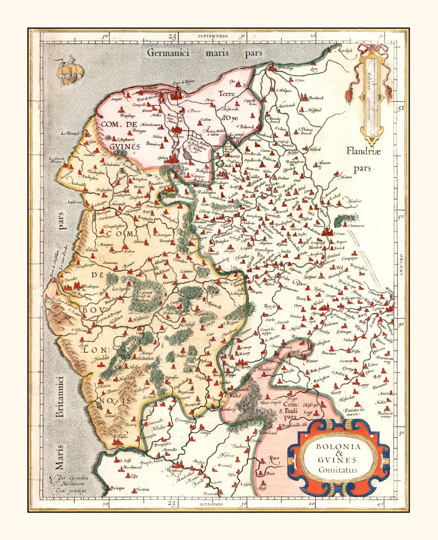 Vintage Map of Boulon & Guines, France, 1623