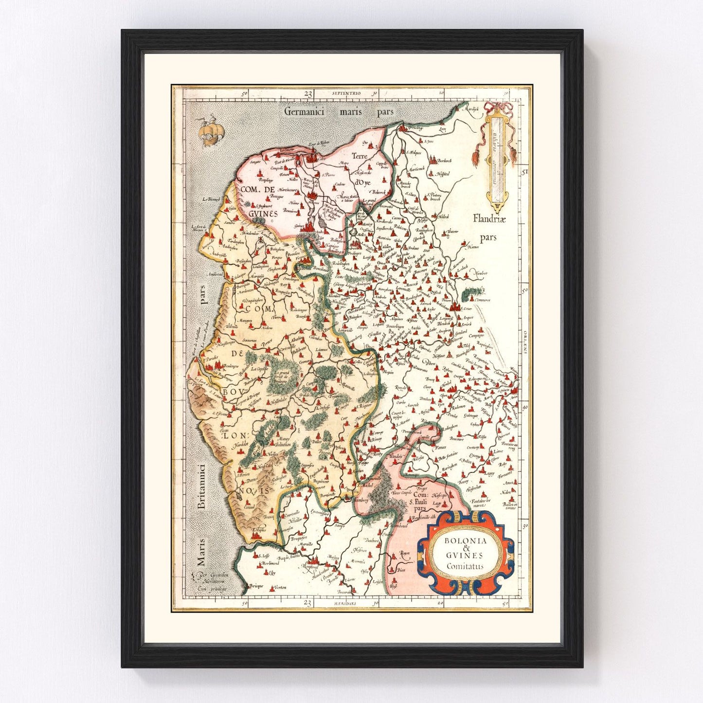 vintage map of Boulon and Guines, France, 1623, restored print wall art