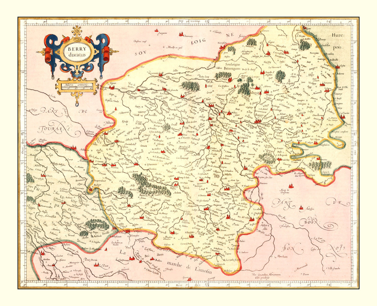 Vintage Map of Bourbonnais, France, 1623