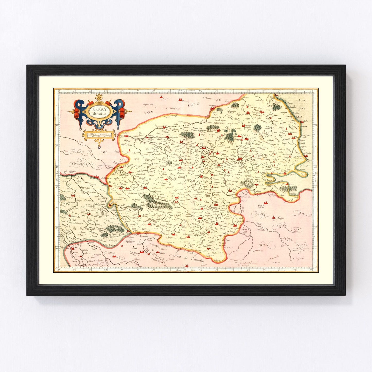 vintage map of Bourbonnais, France, 1623, restored print wall art