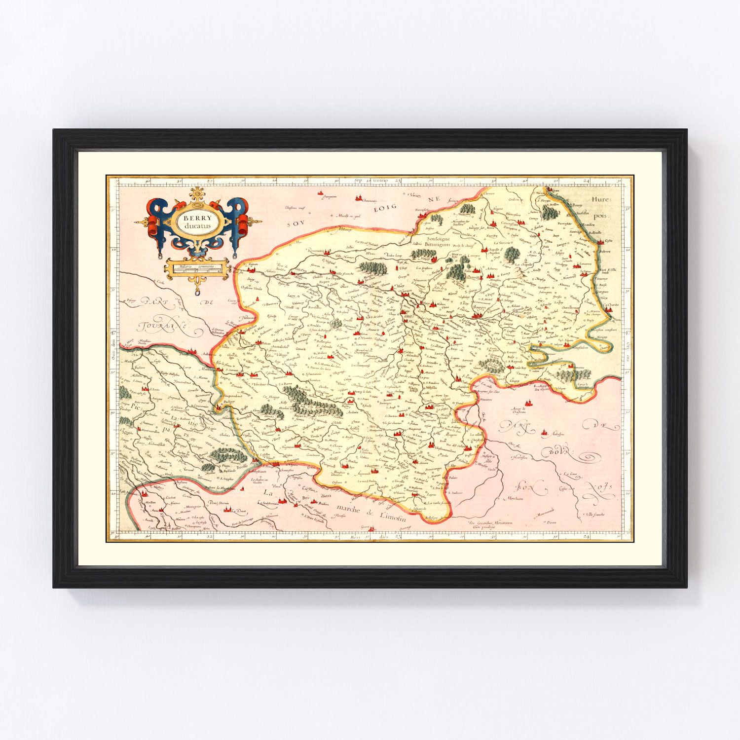 vintage map of Bourbonnais, France, 1623, restored print wall art