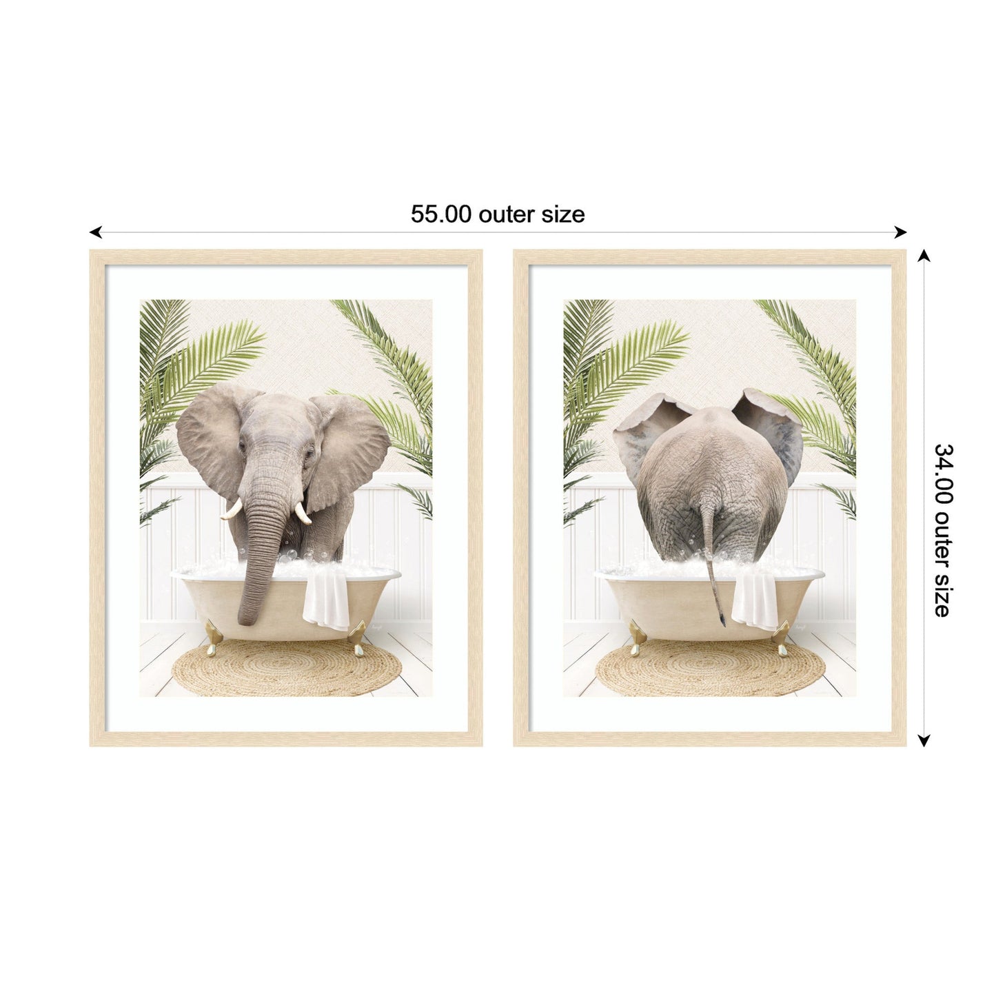 Elephant in Palm Bathtub 2 Piece Framed Wall Art Set