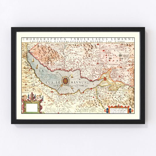 vintage map of Lake Geneva, Switzerland, 1623