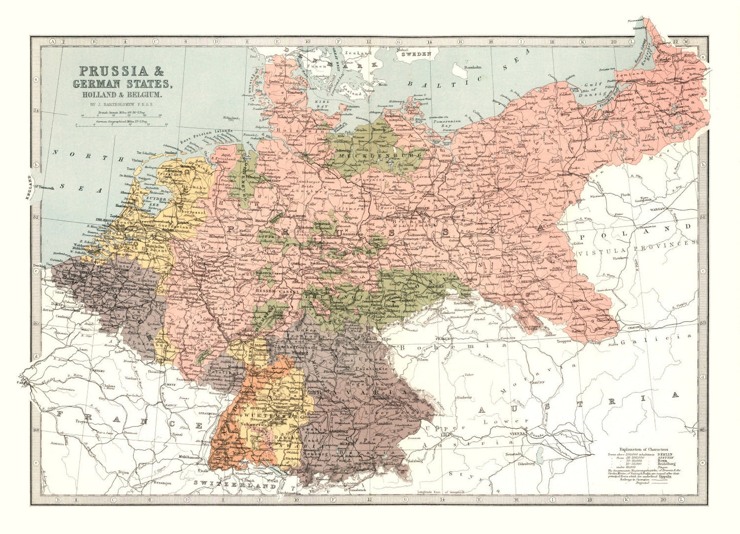 Vintage Map of Prussia, Netherlands & Belgium, 1871