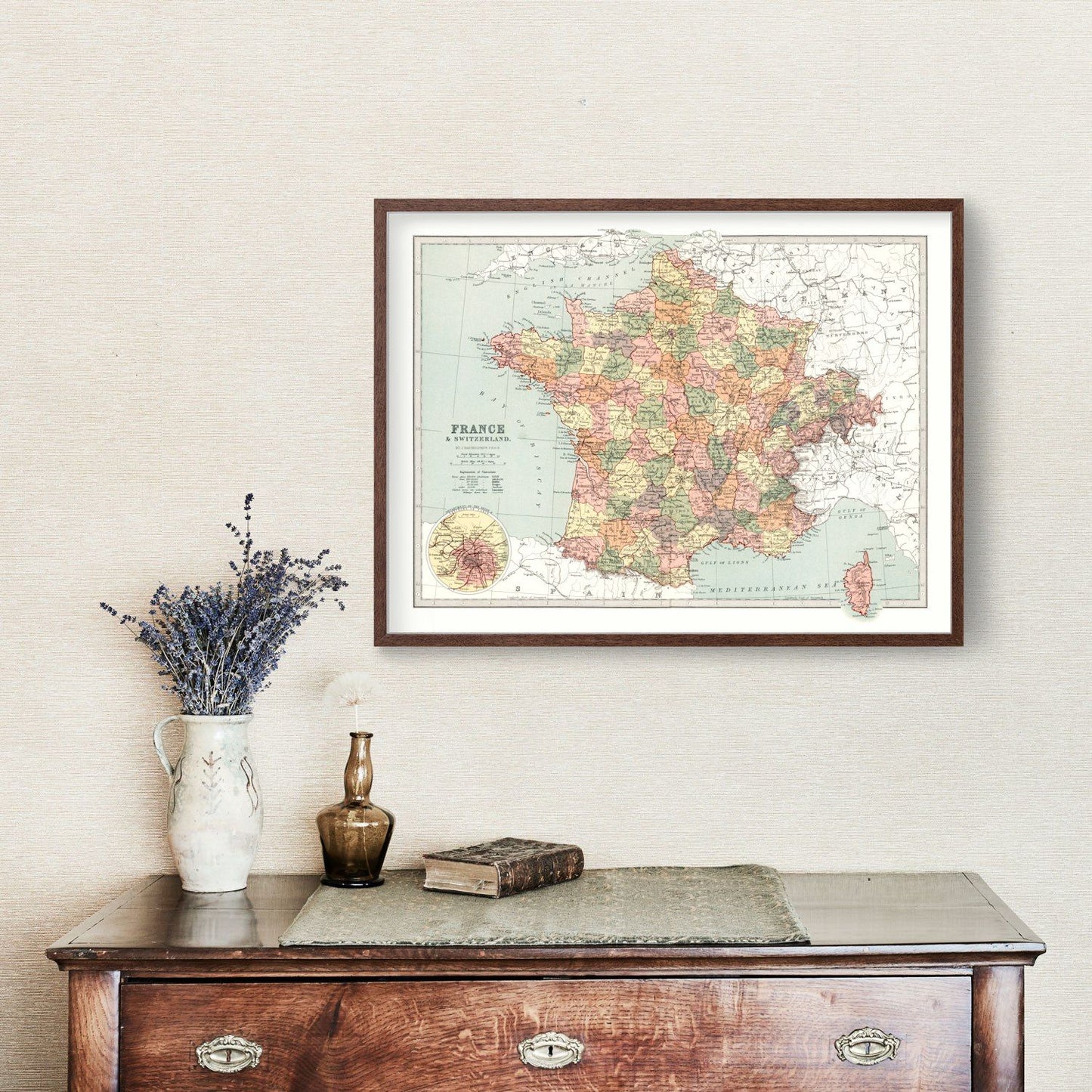 Vintage Map of France and Switzerland, 1871