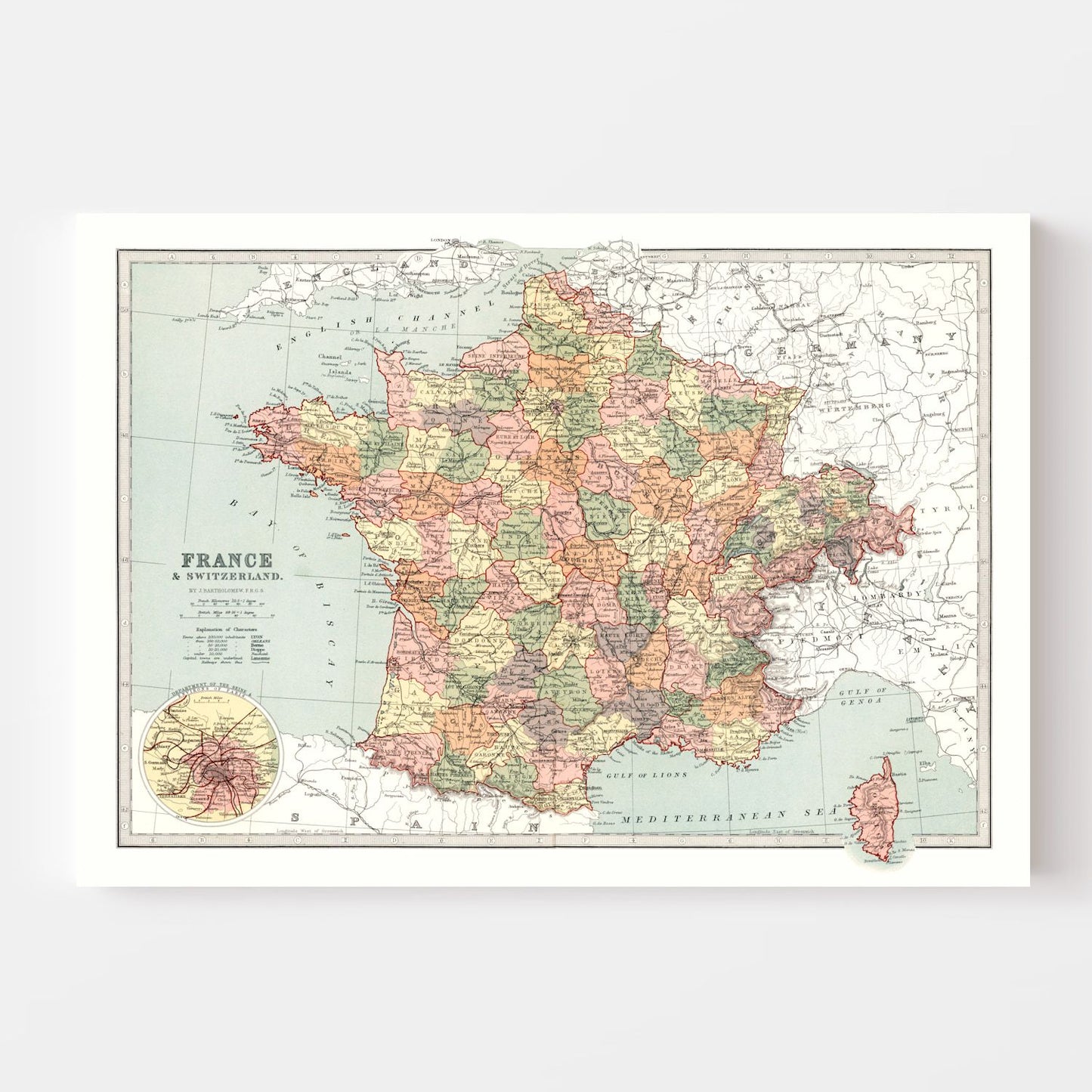 Vintage Map of France and Switzerland, 1871