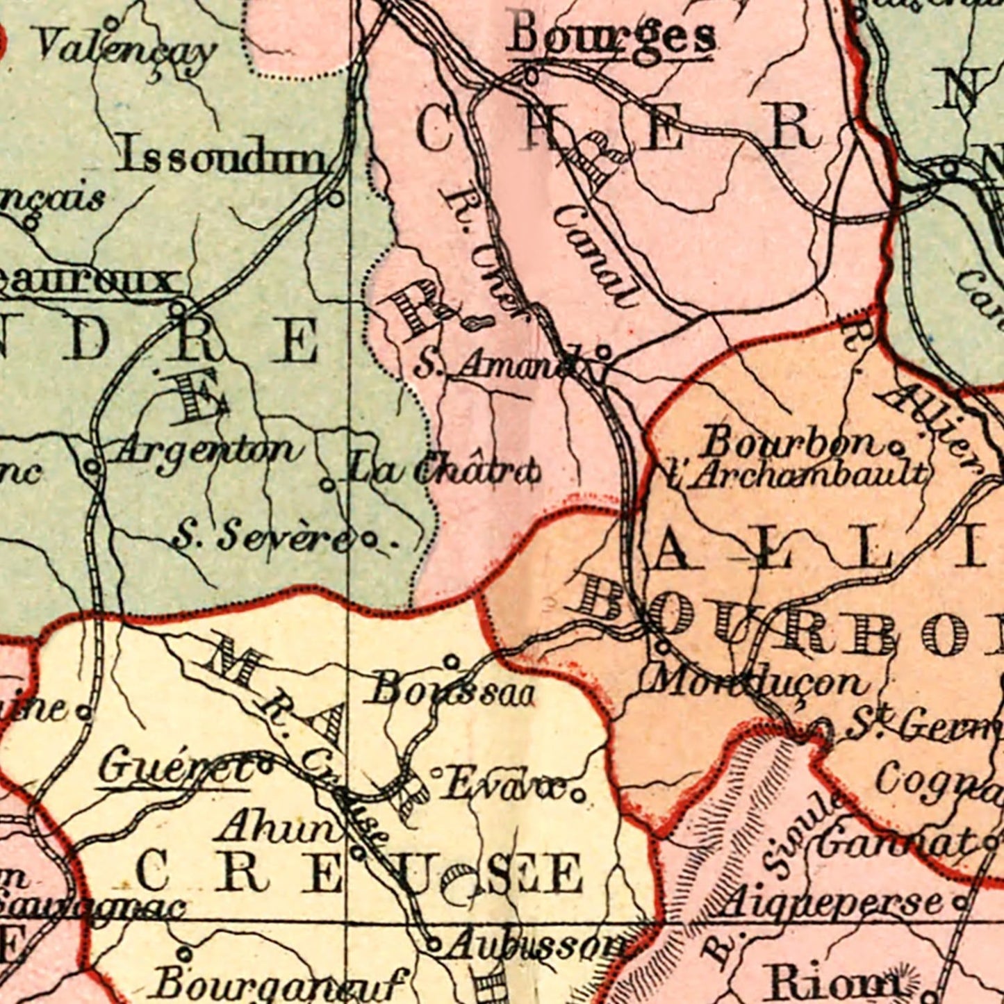 Vintage Map of France and Switzerland, 1871