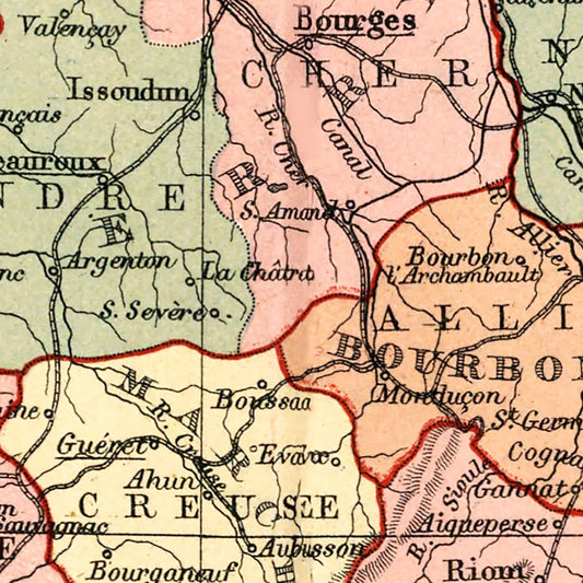 Vintage Map of France and Switzerland, 1871