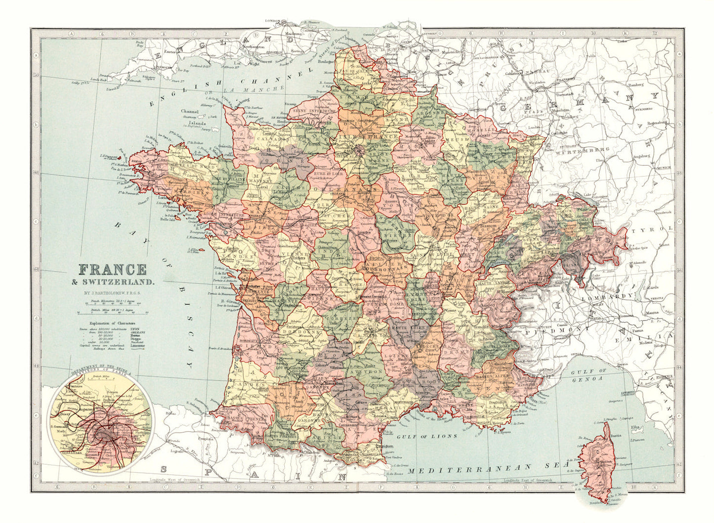 Vintage Map of France and Switzerland, 1871