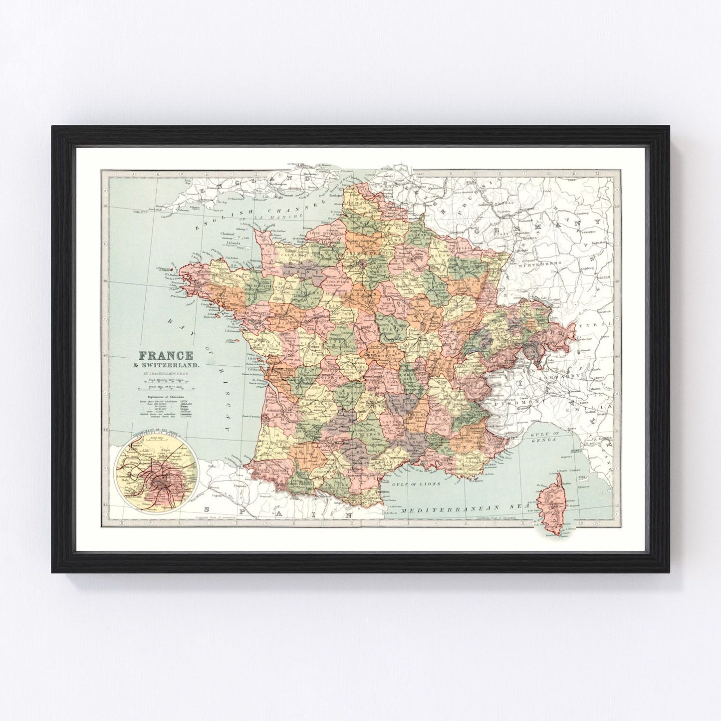 vintage map of France and Switzerland, 1871