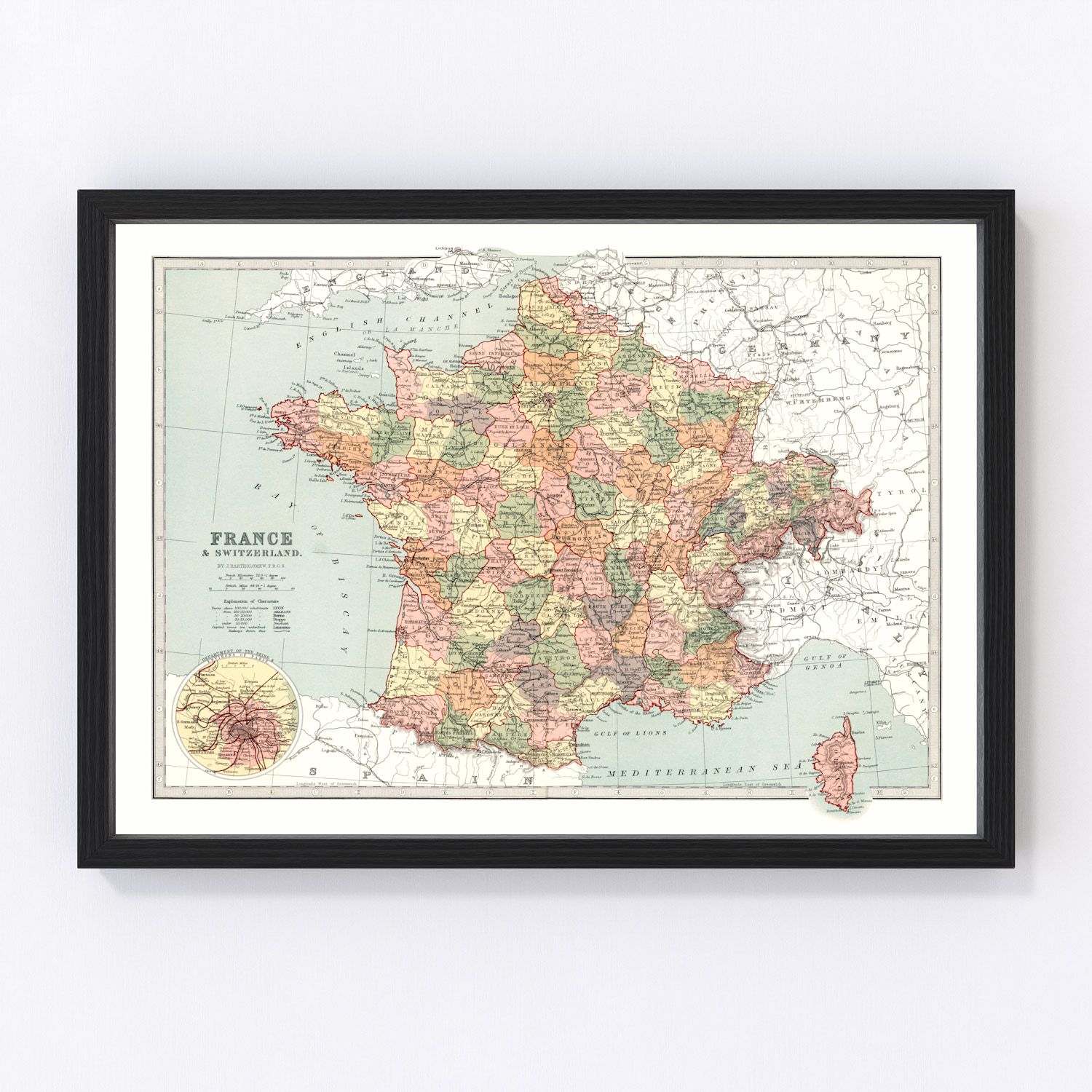 vintage map of France and Switzerland, 1871