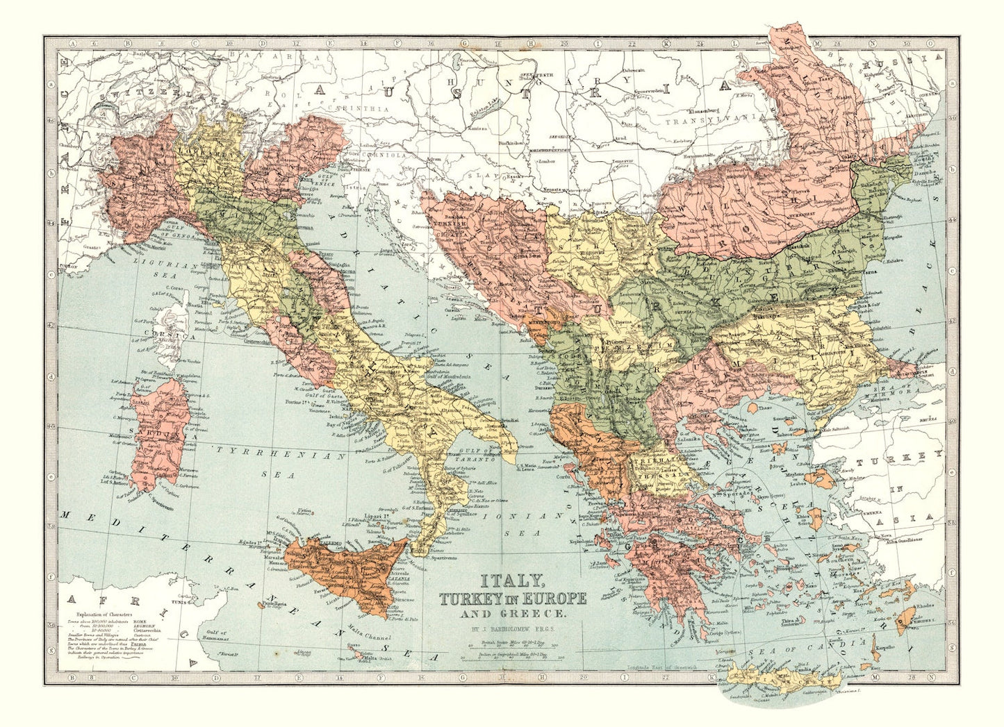 Vintage Map of Italy, Turkey & Greece, 1871