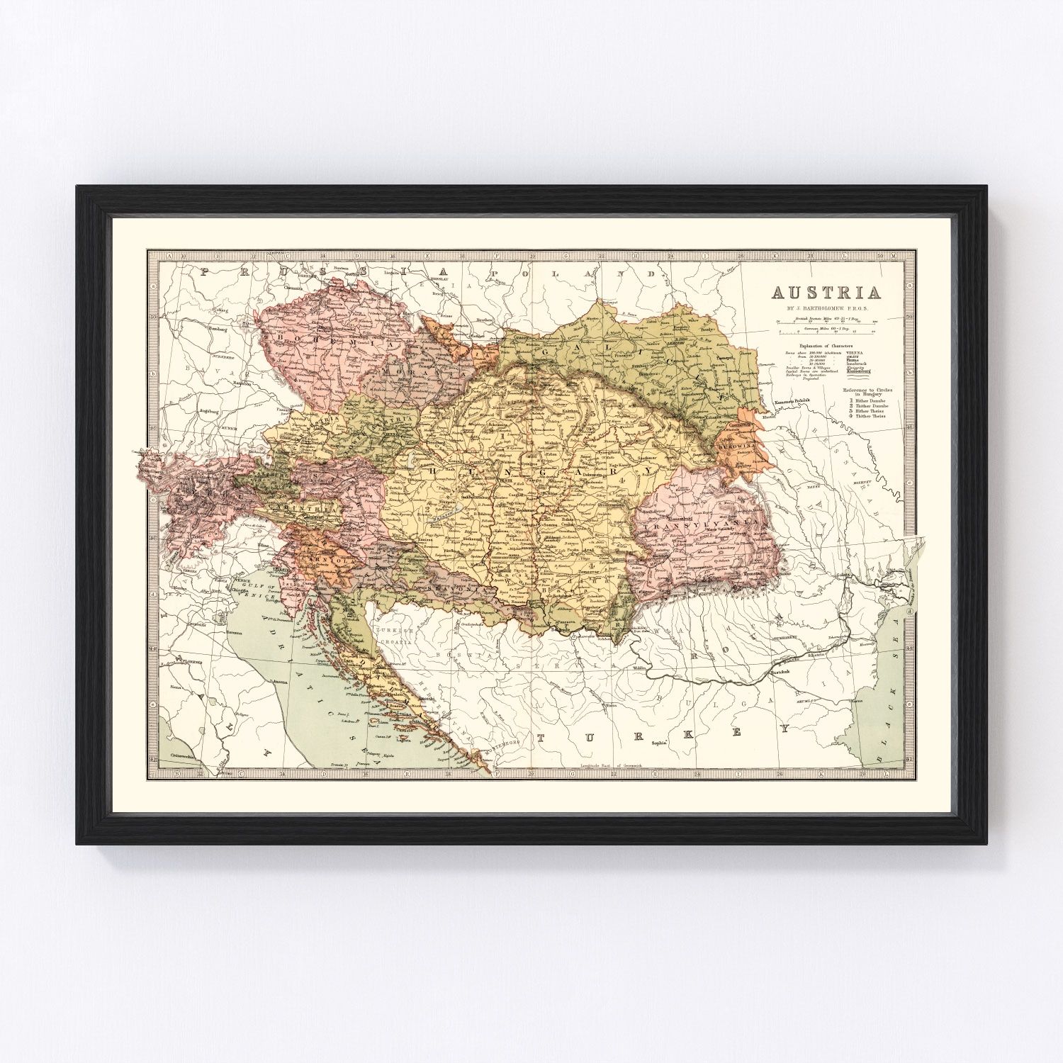 Vintage map of Austria, Austro-Hungarian Empire, 1871