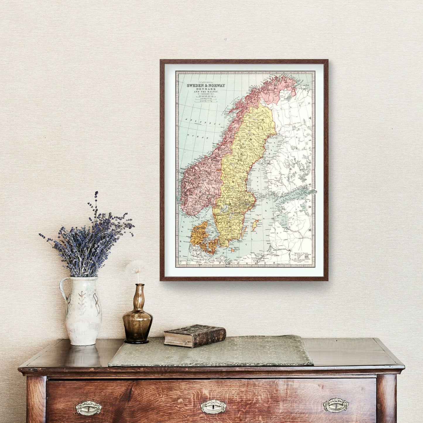 Vintage Map of Sweden, Norway and Denmark, 1871