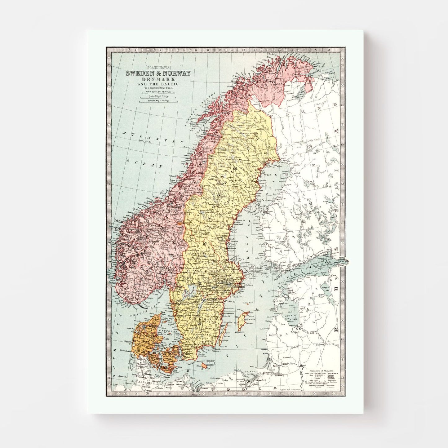 Vintage Map of Sweden, Norway and Denmark, 1871