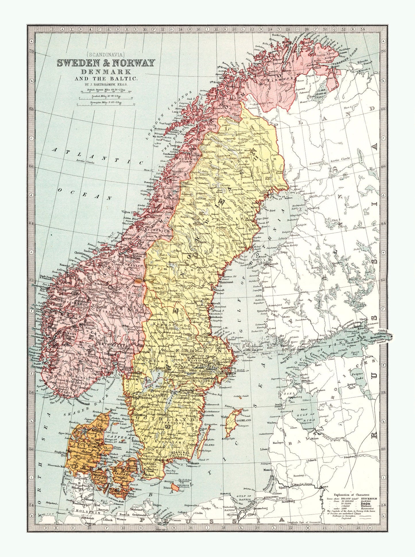 Vintage Map of Sweden, Norway and Denmark, 1871