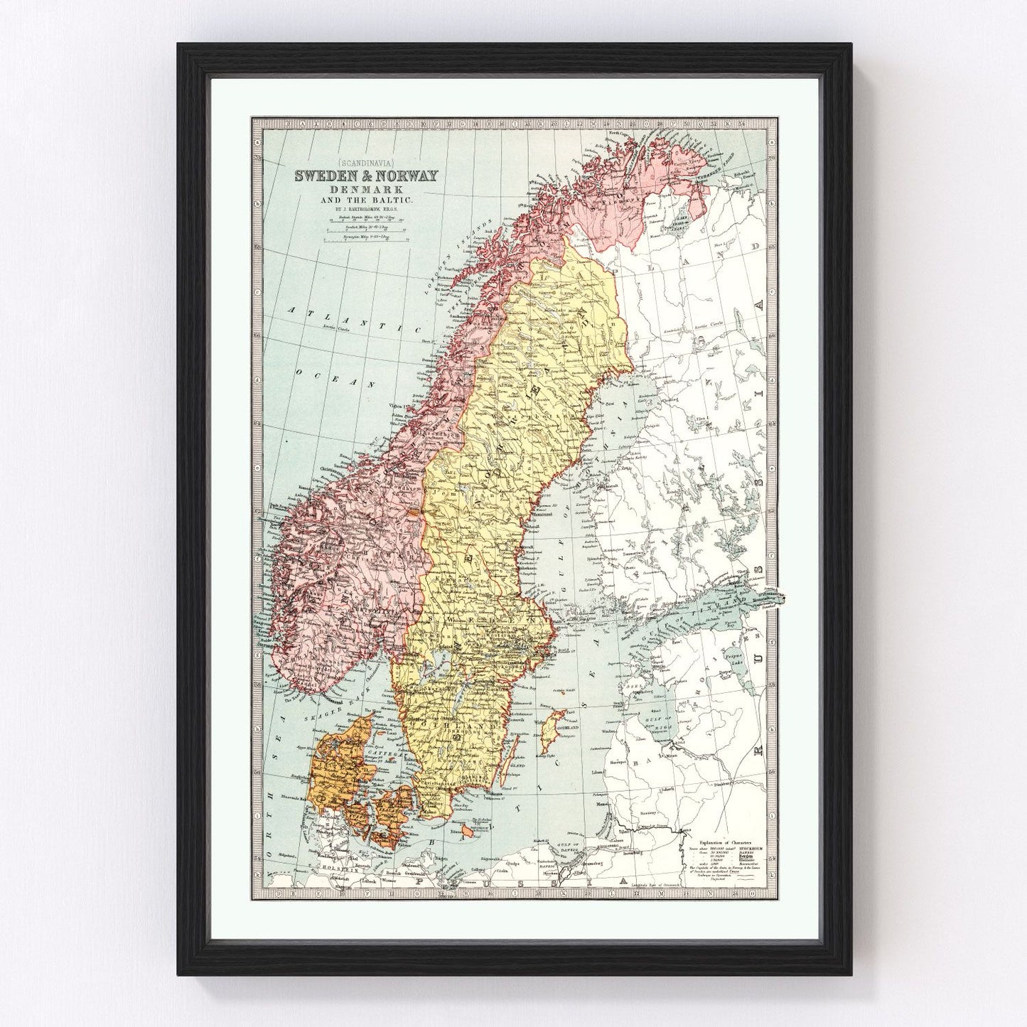 Vintage map of Sweden, Norway and Denmark, 1871