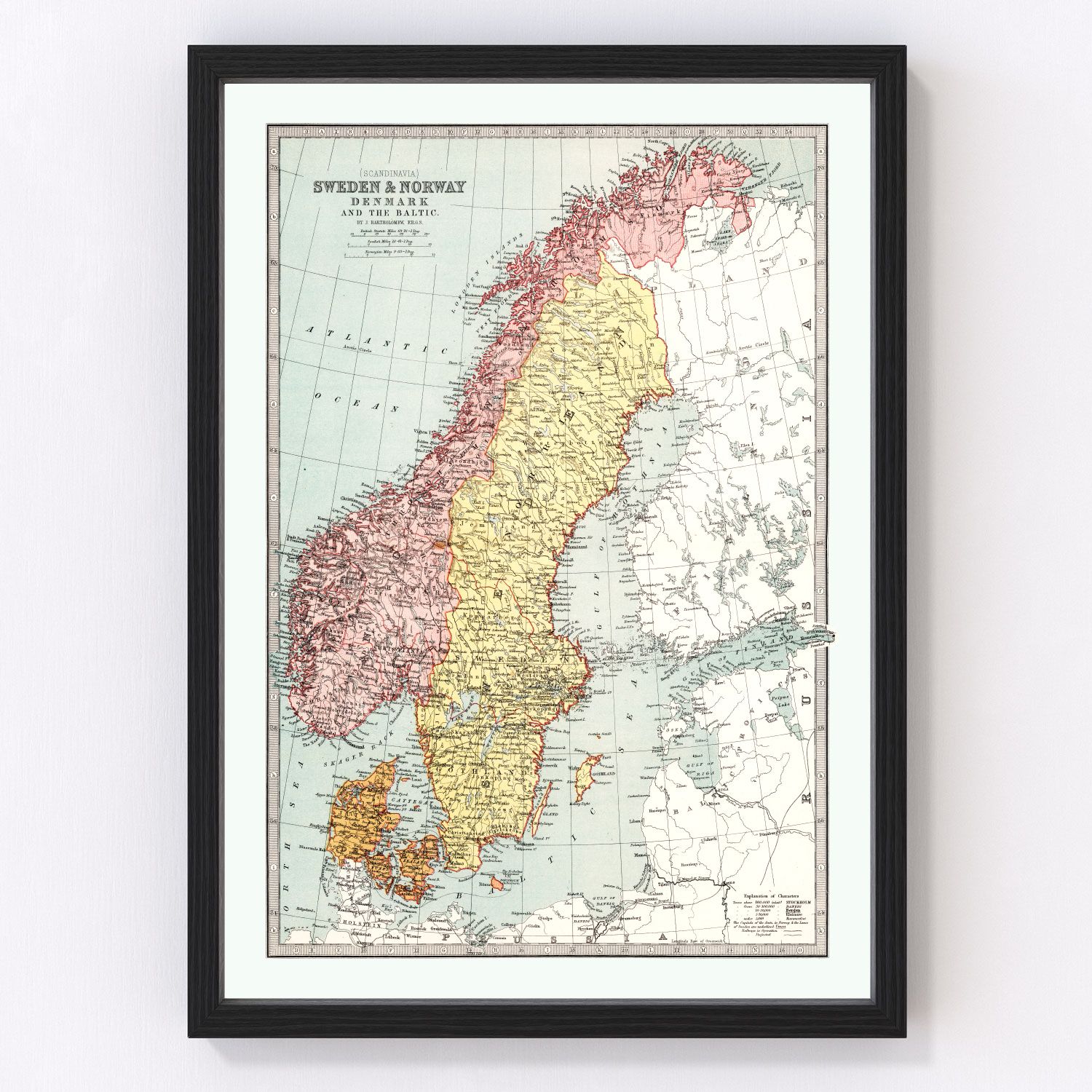 Vintage map of Sweden, Norway and Denmark, 1871