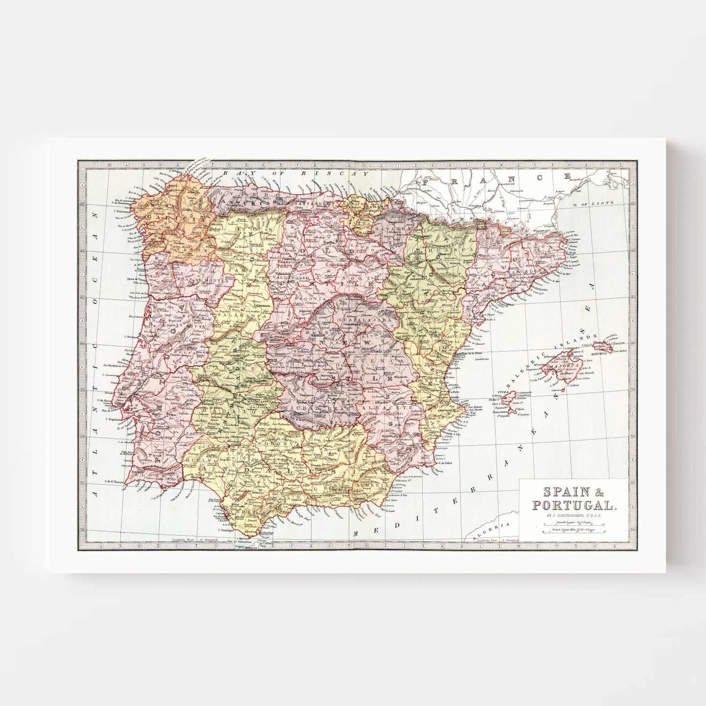 Vintage Map of Spain and Portugal, 1871