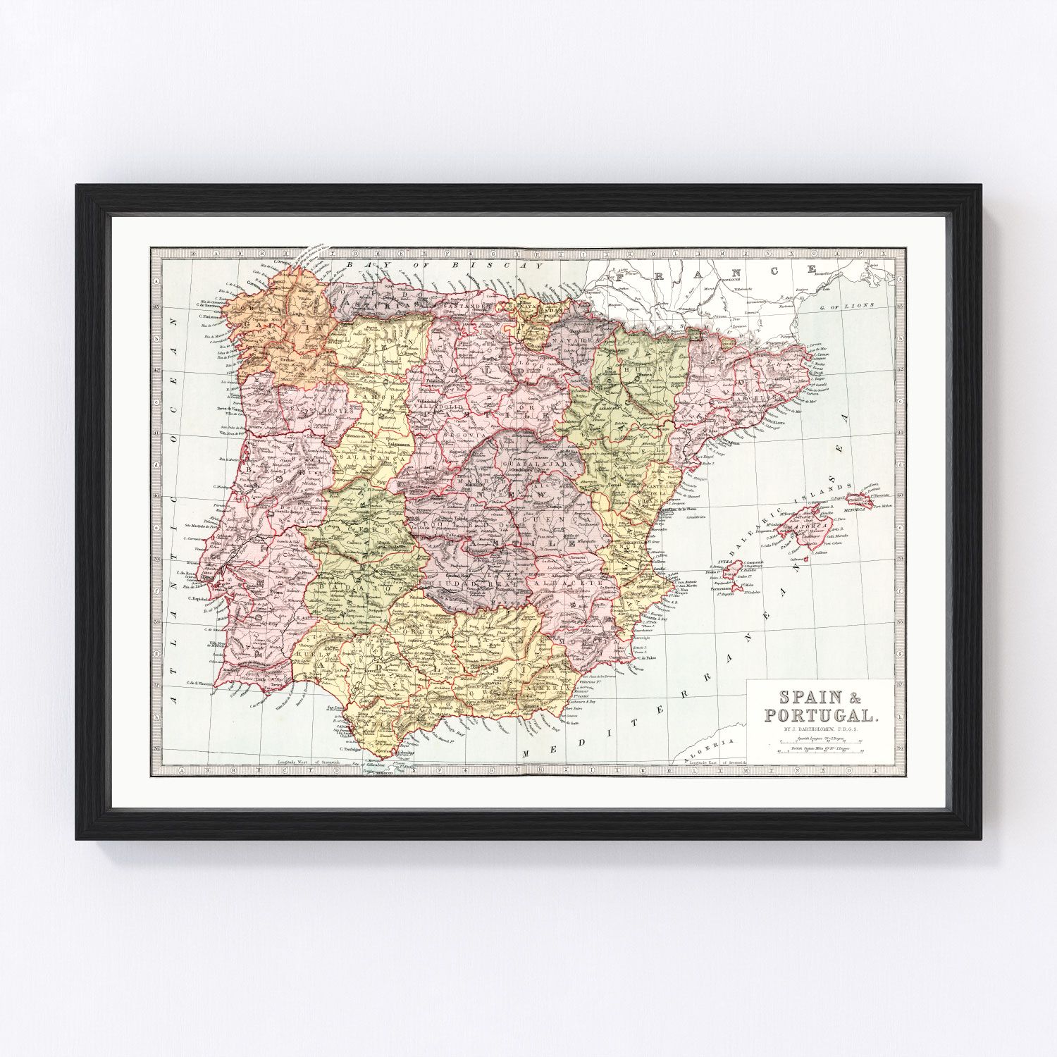 vintage map of Spain and Portugal, 1871