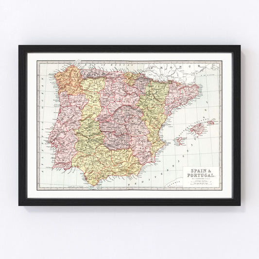 vintage map of Spain and Portugal, 1871