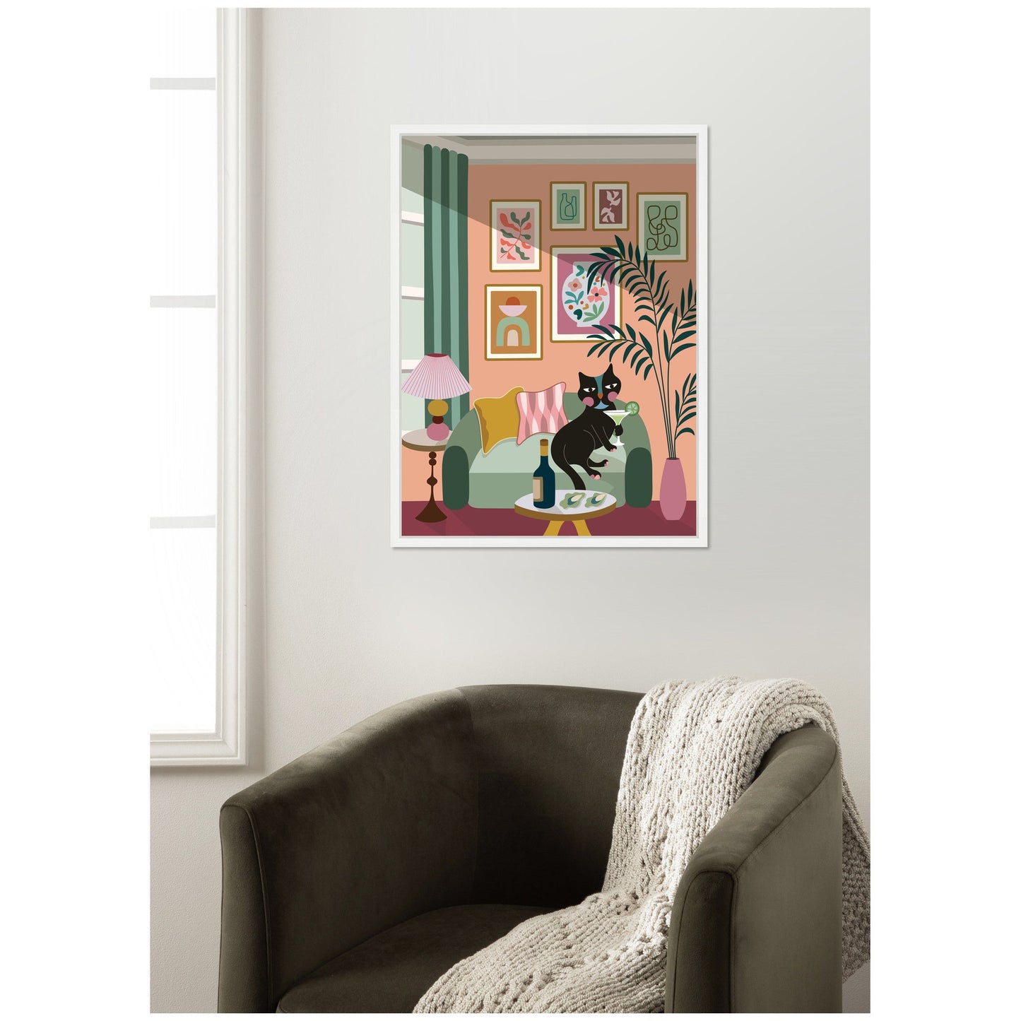 Cocktail Cat Framed Canvas Wall Art
