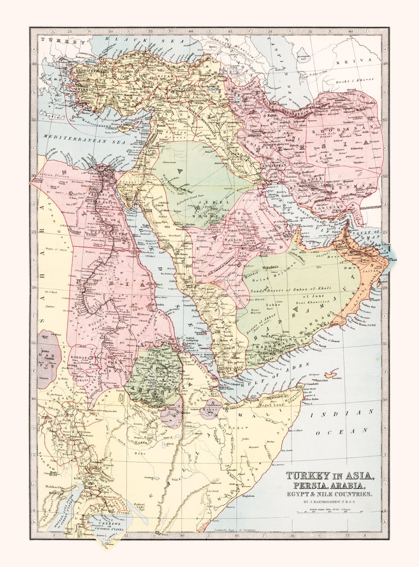 Vintage Map of Turkey, Persia, Arabia & Egypt, 1871