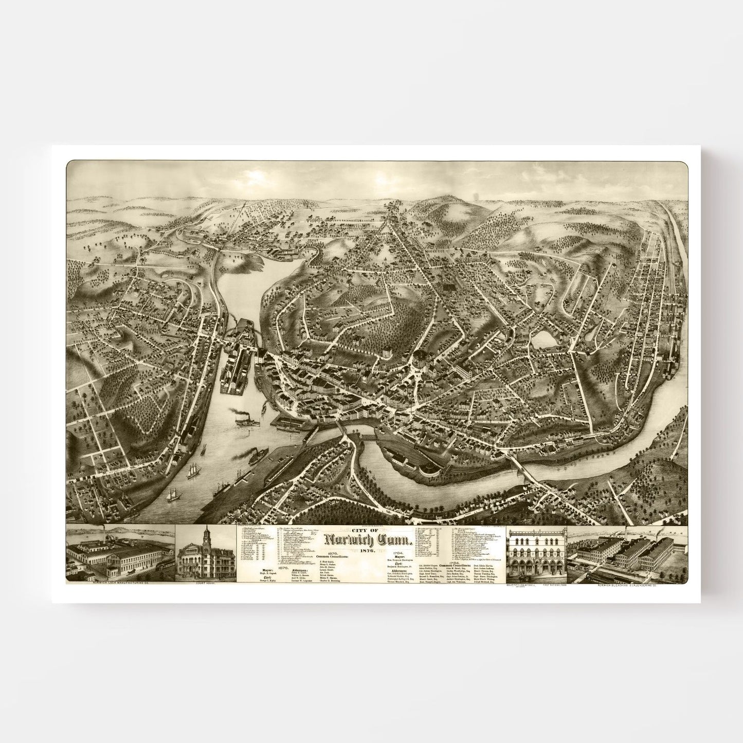 Vintage Map of Norwich, Connecticut, 1876