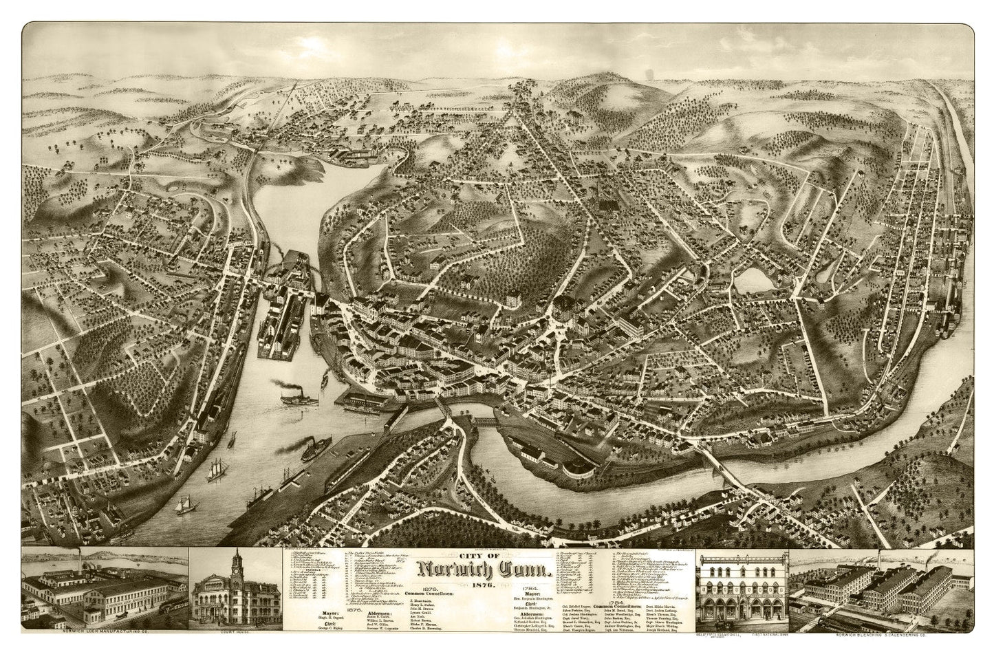 Vintage Map of Norwich, Connecticut, 1876